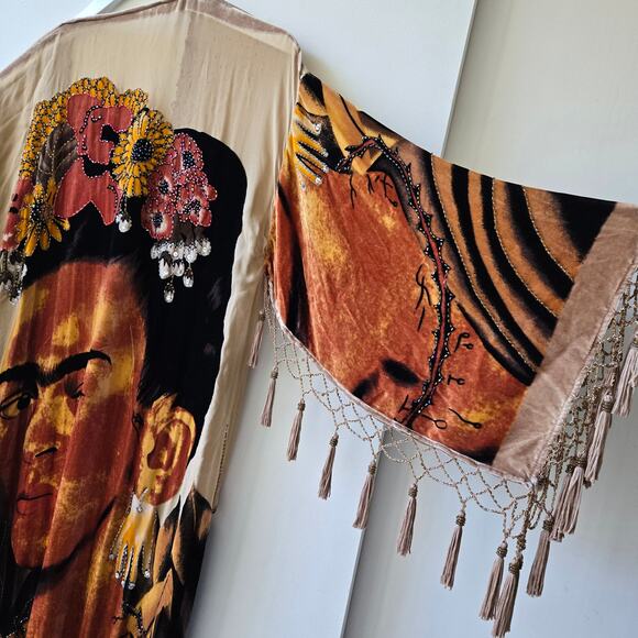 Frida Kahlo Vintage Silk Velvet Beaded Long Duster Kimono Cinco de Mayo One Size - Picture 7 of 16
